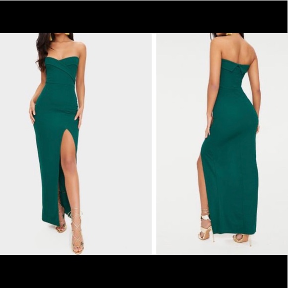 emerald green bandeau folded detail extreme split maxi dress Emerald Atlantis Drape Maxi Dress